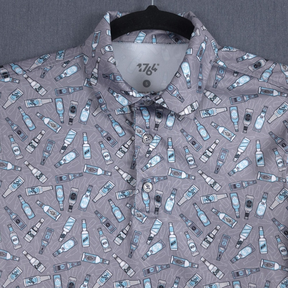 1764 Performance Golf Polo Mens Small Gray Beer Bottle All Over Print Stretch